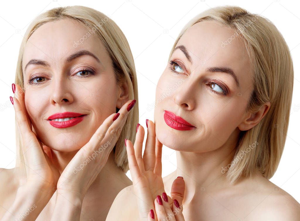 Collage of beautiful mature woman with healthy skin.