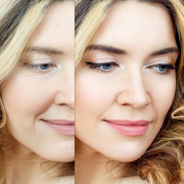 Makyajlı ya da makyajsız yetişkin bir kadının portresi.