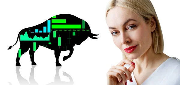 Adult business woman near big black silhouette bull financial icon. — Stock Photo, Image