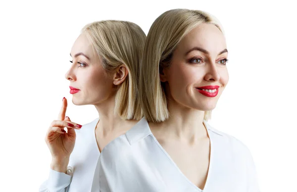 Collage of beautiful adult business woman in white blouse. — Stock Photo, Image