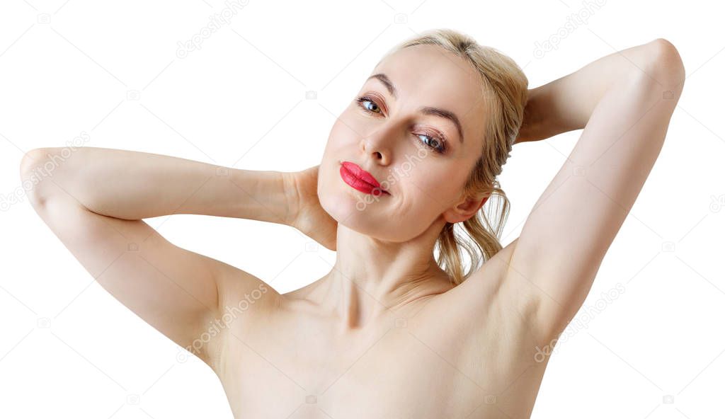 Beautiful mature woman shows clean armpit.