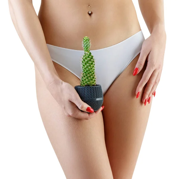 Donna tiene un cactus verde sopra il suo sfondo mutandine bianche . — Foto Stock
