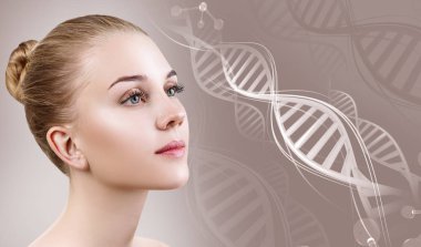 Dna zincirleri arasında şehvetli genç bir kadın.