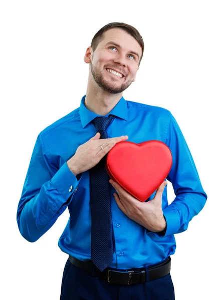 Homme élégant avec boîte cadeau de valentines en forme de cœur . — Photo