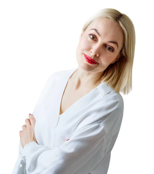 Retrato de una hermosa mujer adulta en blusa blanca. —  Fotos de Stock