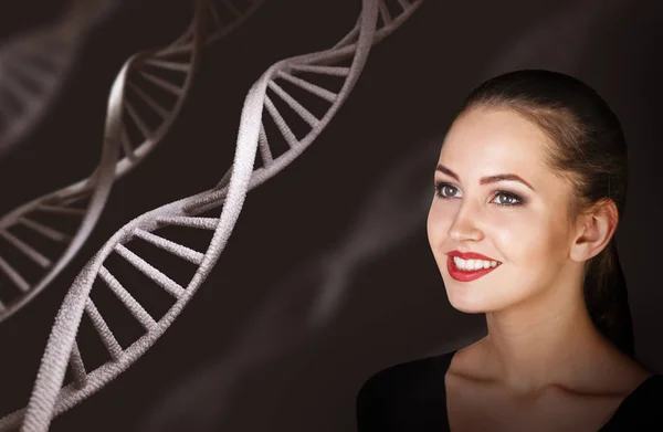 Jonge sensuele vrouw onder DNA kettingen. — Stockfoto