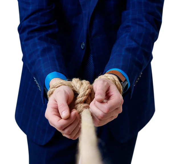 Vista de close-up em mãos atadas de homem de negócios em terno azul . — Fotografia de Stock