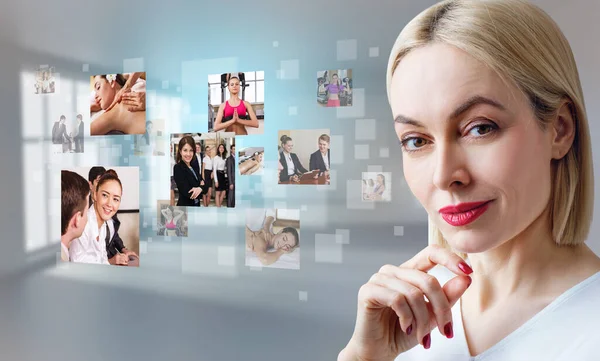 Business woman near images with her different hobbies. — Stock Photo, Image