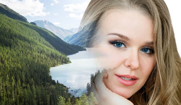 Double exposure of young woman combined with forest. — Stock Photo, Image