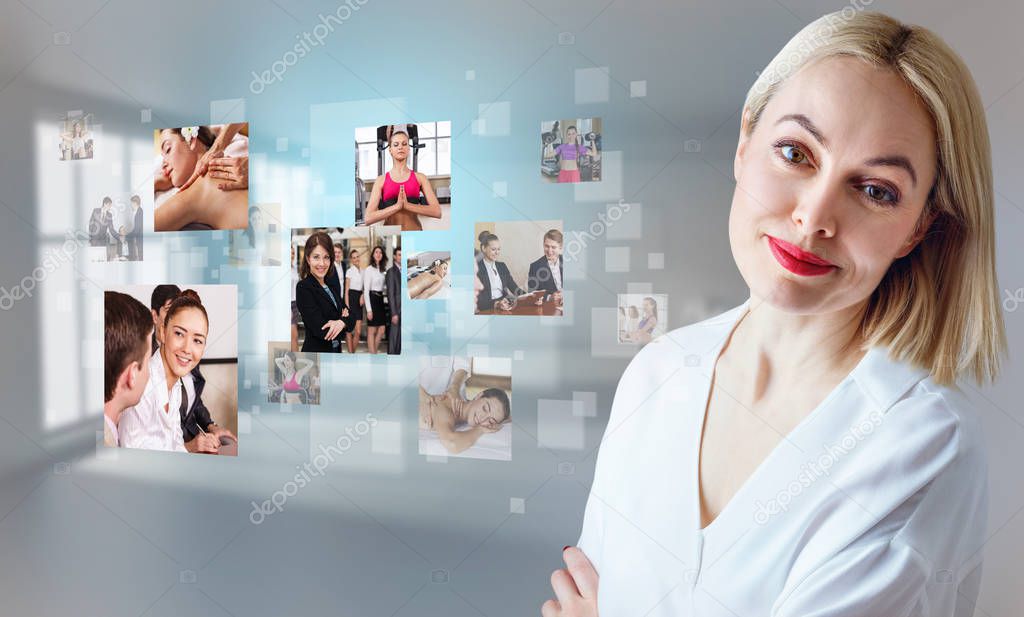 Business woman near images with her different hobbies.