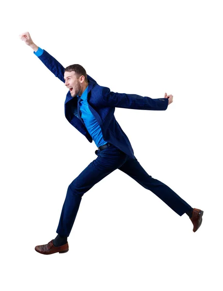 Full length happy businessman jumping forward in the air. — Stock Photo, Image