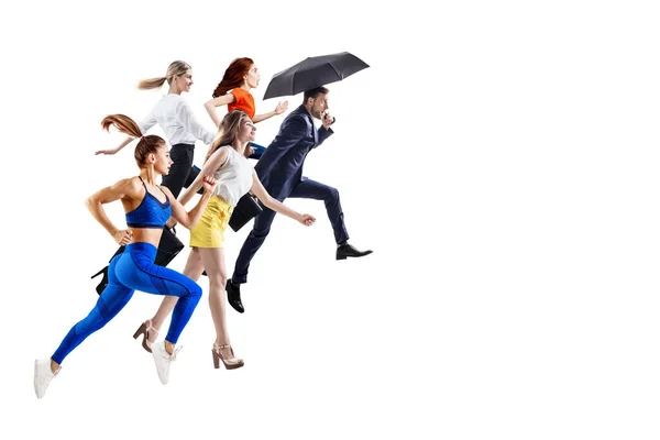 Happy different people jumping up. Copy space. — Stock Photo, Image