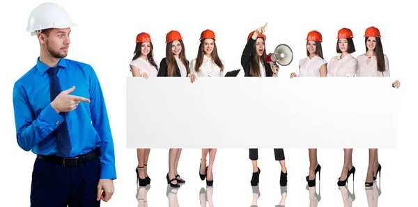 복사 공간 이 있는 흰색큰 깃발을 들고 있는 여성들의 그룹. — 스톡 사진