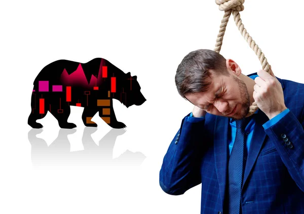 Uomo d'affari con corda sul collo vicino orso con grafico rosso . — Foto Stock
