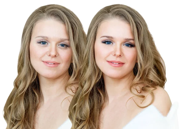 Comparison portrait of adult woman with and without makeup. — Stock Photo, Image