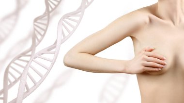 Young woman checks breasts for neoplasms among DNA chains. clipart
