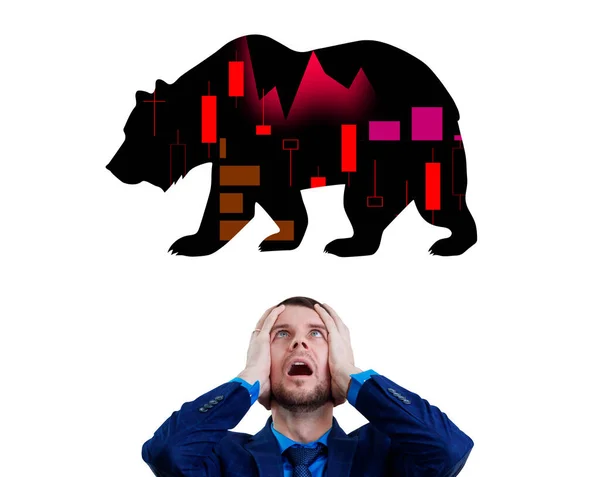 Businessman grabs the head and imagine bear over head. — Stock Photo, Image