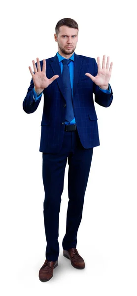 Businessman moving away with hands palms showing refusal gesture. — Stock Photo, Image