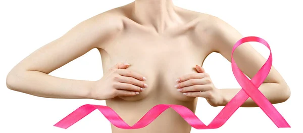 Коллаж женщины, осматривающей свою грудь возле большой розовой ленты . — стоковое фото
