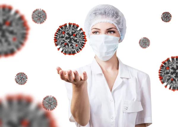 Kvinnlig läkare presenterar virala cell coronavirus. — Stockfoto