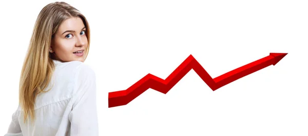 Business woman looks on increase red arrow. — Stock Photo, Image