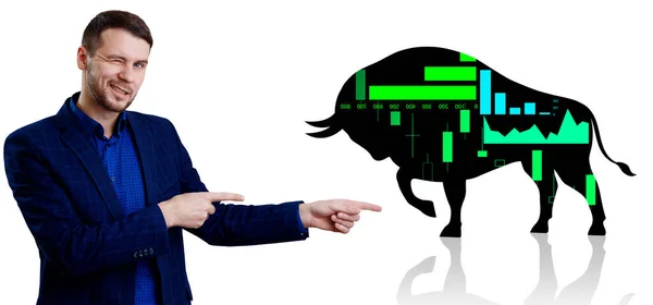 Smiling businessman pointing on silhouette bull financial icon. — Stock Photo, Image