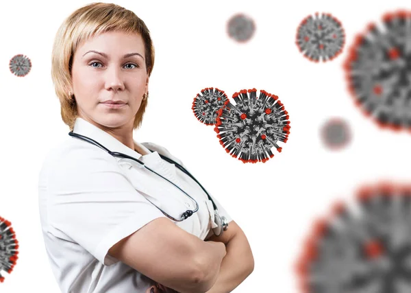 Kvinnlig läkare presenterar virala cell coronavirus. — Stockfoto