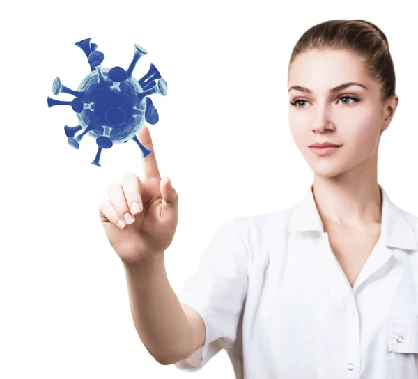 여성 의사는 손가락으로 바이러스 성 코로나 바이러스를 지적한다. — 스톡 사진