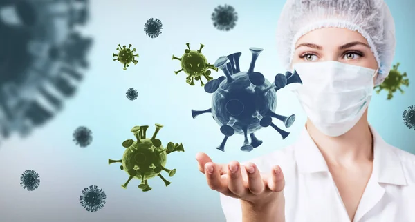 女性医師はウイルス細胞の間でウイルス細胞のコロナウイルスを提示します. — ストック写真