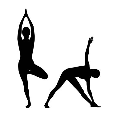 Yoga yapan siyah siluet kadın kolajı..