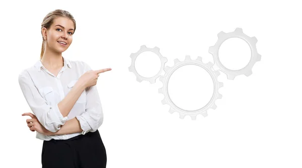 Business woman point by finger on working cogwheels. — Stock Photo, Image