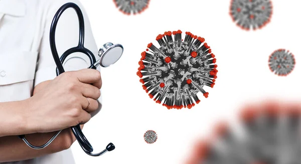 Вид на руки лікаря серед вірусних клітин коронавірус . — стокове фото