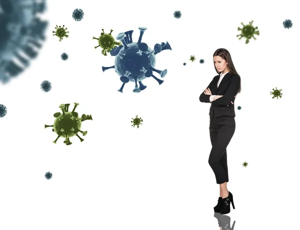 Молода сумна бізнес-леді серед клітин коронавірусу . — стокове фото