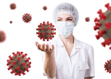Kadın doktor hücreler arasında viral koronavirüs hücresi sunuyor..