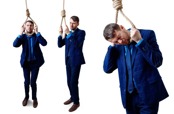Collage di un uomo d'affari depresso che indossa un cappio di corda e si suicida . — Foto Stock
