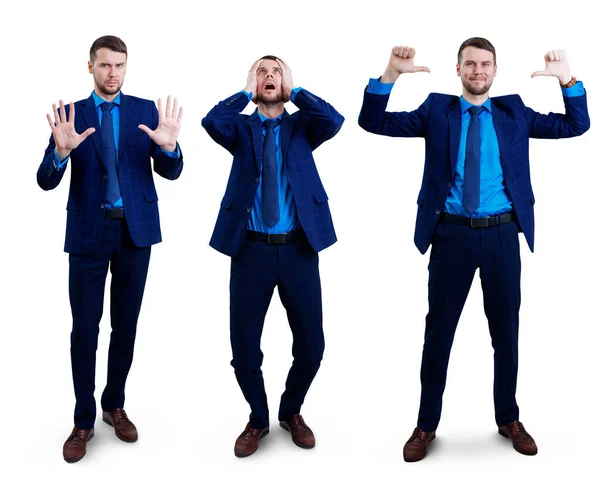 Collage von Jungunternehmer zeigt unterschiedliche Gesten. — Stockfoto