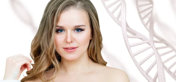 Portrait of sensual woman among white DNA chains. — Stock Photo, Image