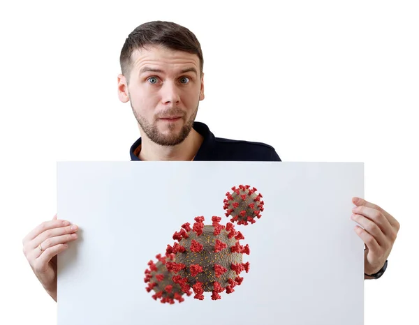 Överraskad man håller vita plakat med coronavirus cell. — Stockfoto