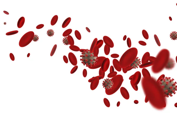 Coronavirus-Zellen unter den roten Blutkörperchen. 3D-Rendering. — Stockfoto