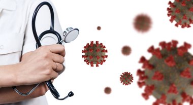 Viral hücreler arasındaki doktorun ellerine bakın. Coronavirüs..