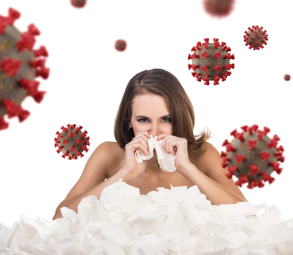 Mujer joven con muchos pañuelos entre las células del coronavirus . — Foto de Stock