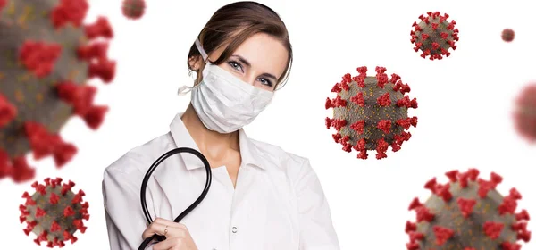 Mujer joven doctora entre las células virales coronavirus . — Foto de Stock