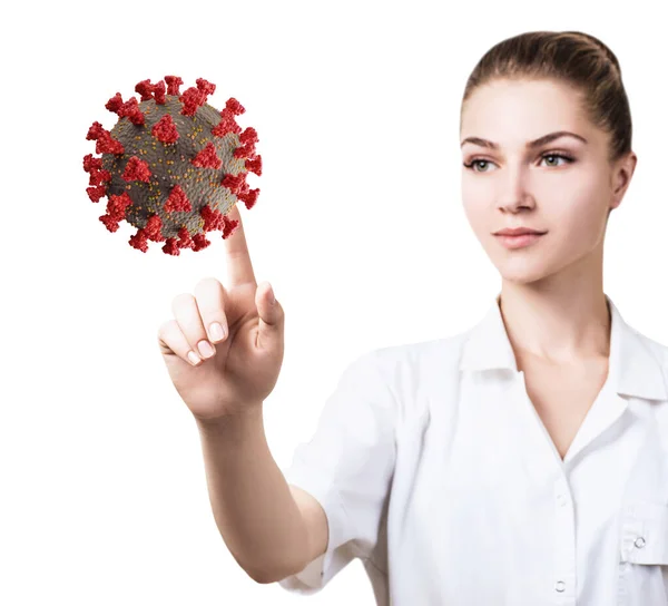 Női orvos pontról pontra virális sejtes coronavirus. — Stock Fotó