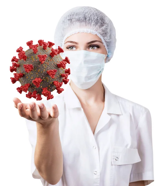 Ärztin stellt Viruszelle des Coronavirus vor. — Stockfoto