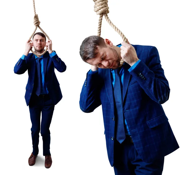 Koláž deprimovaného podnikatele s provazovou smyčkou páchající sebevraždu. — Stock fotografie