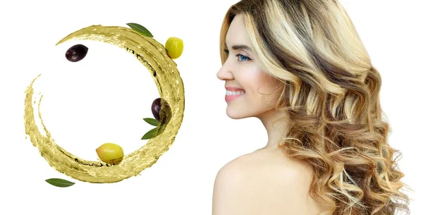 Belle femme près de faire circuler l'huile d'olive. Concept de soins de la peau. — Photo