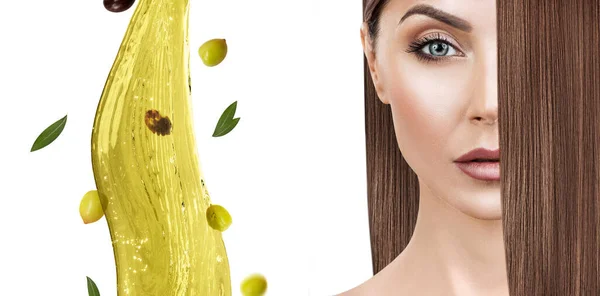 Літаючі зелені оливкові бризки біля жінки з довгим волоссям . — стокове фото