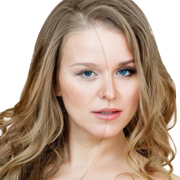 Vergleich Porträt einer erwachsenen Frau mit und ohne Make-up. — Stockfoto