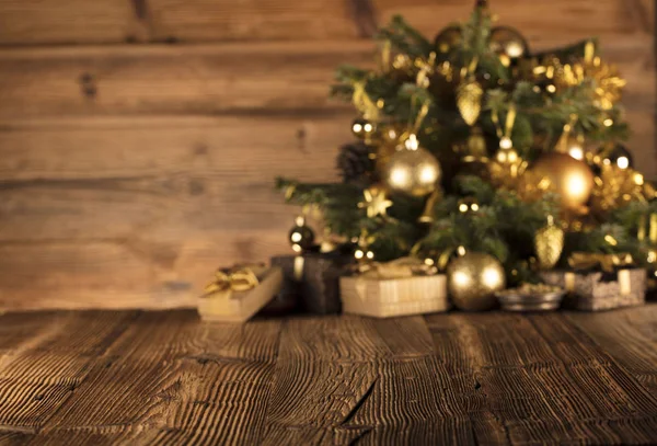 Concetto Natale Sfondo Decorazione Natalizia Regali Uno Sfondo Legno Rustico — Foto Stock