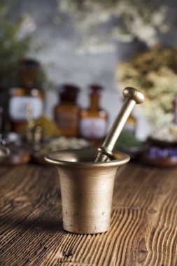 Doğal Tıp arka plan. Pirinç harç, ölçek. Rustik tablo. Çeşitli kuru otlar kase. Bokeh.